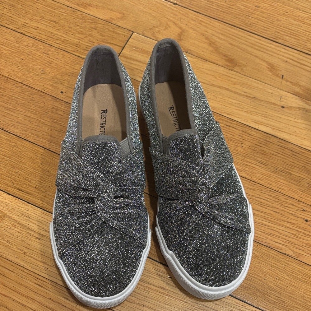 Restricted Silver Glitter Knot-Top Slip-On Sneakers